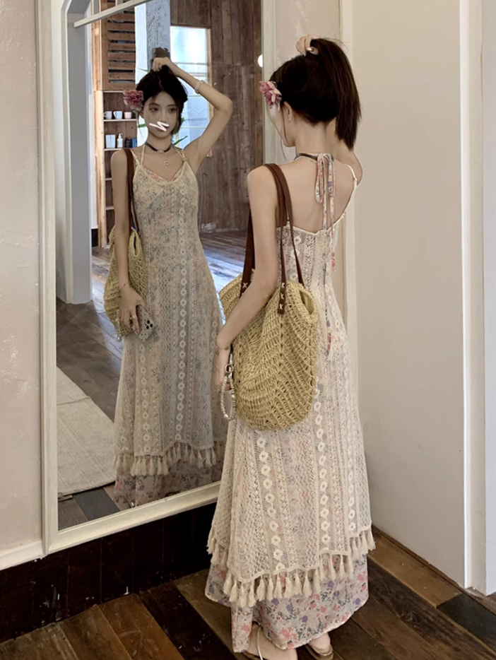 Fairy layered halter neck floral long skirt hollow lace waist temperament suspender dress R1726