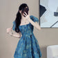 Blue mini skirt with daisy print puff sleeves and slim waist mini skirt for homecoming dress R4009