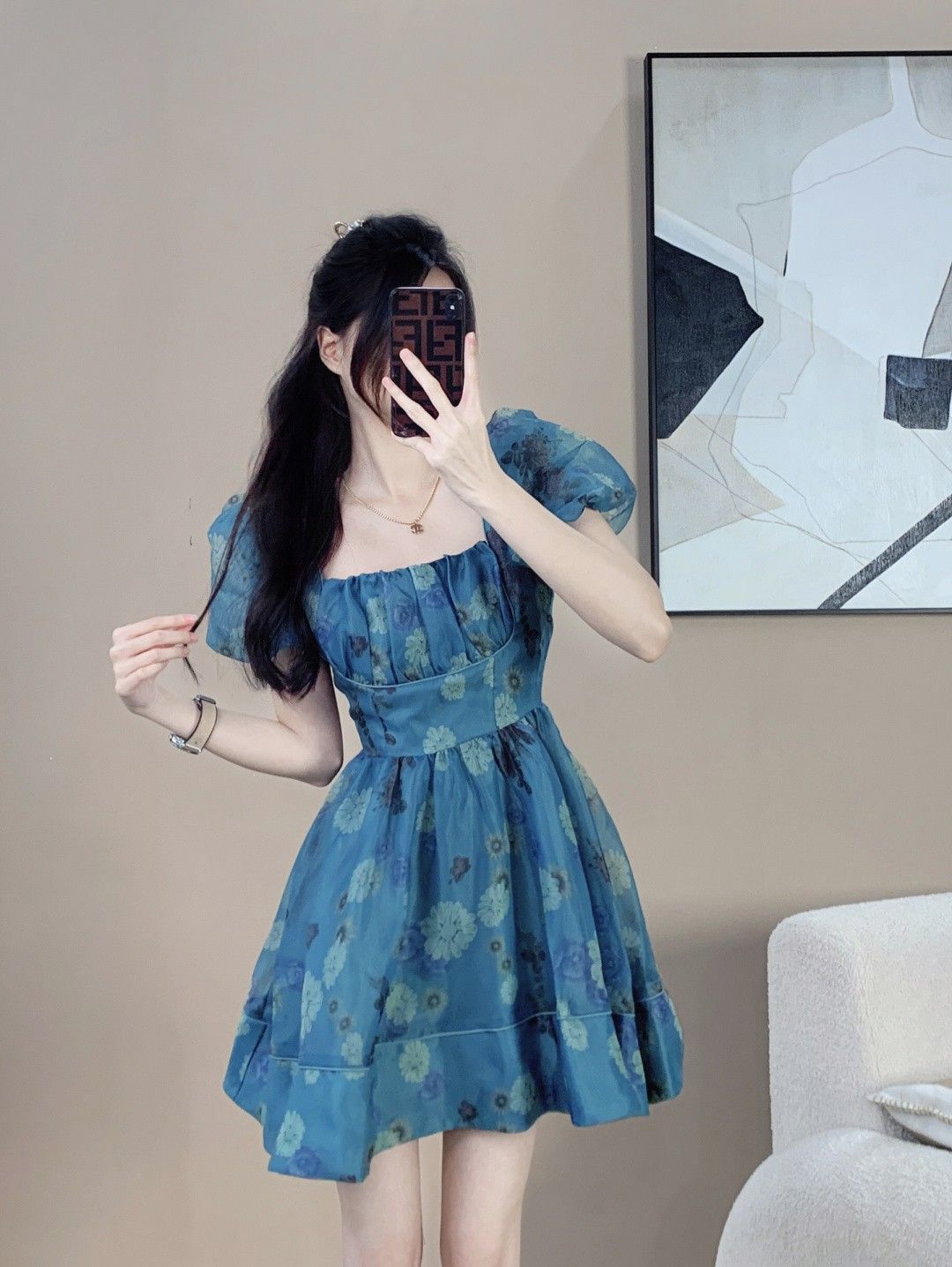 Blue mini skirt with daisy print puff sleeves and slim waist mini skirt for homecoming dress R4009