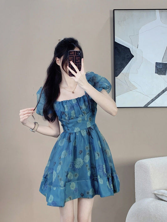 Blue mini skirt with daisy print puff sleeves and slim waist mini skirt for homecoming dress R4009