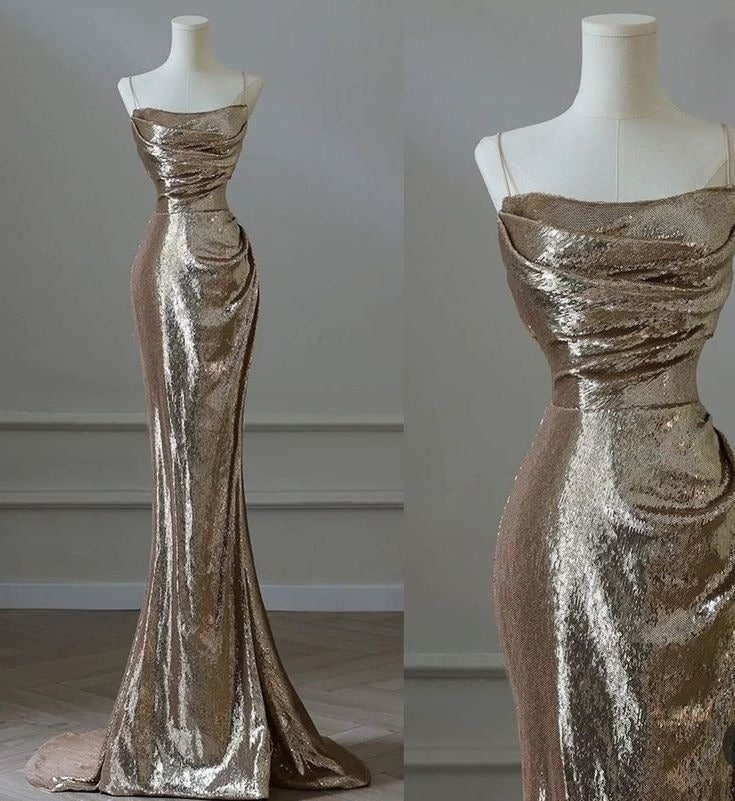 Golden formal dress Sexy Gold Mermaid Long Evening Dresses Prom Gown     S6954