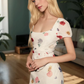Printed square neck short sleeve dress French retro style waist slim long skirt R2909
