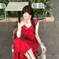 Red holiday floral dress for women petite summer long skirt with small flying sleeves R3866