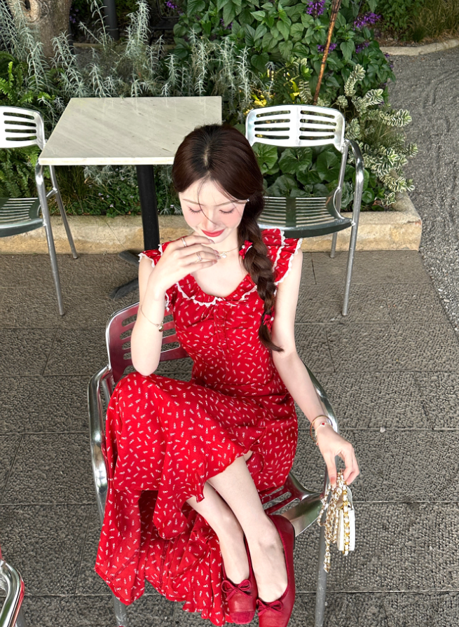 Red holiday floral dress for women petite summer long skirt with small flying sleeves R3866