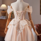 Cute Champagne A-line Bateau Lace Embroidery Corset Mini Birthday Dress Homecoming Dress RS510