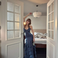Sexy Ruffled High-silk Prom Gown Navy Women's Corset Maxi Evening Dress Ball Gown RS2838