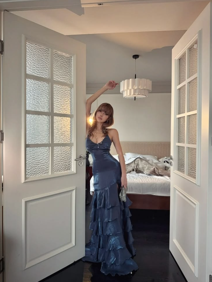 Sexy Ruffled High-silk Prom Gown Navy Women's Corset Maxi Evening Dress Ball Gown RS2838