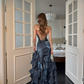 Sexy Ruffled High-silk Prom Gown Navy Women's Corset Maxi Evening Dress Ball Gown RS2838