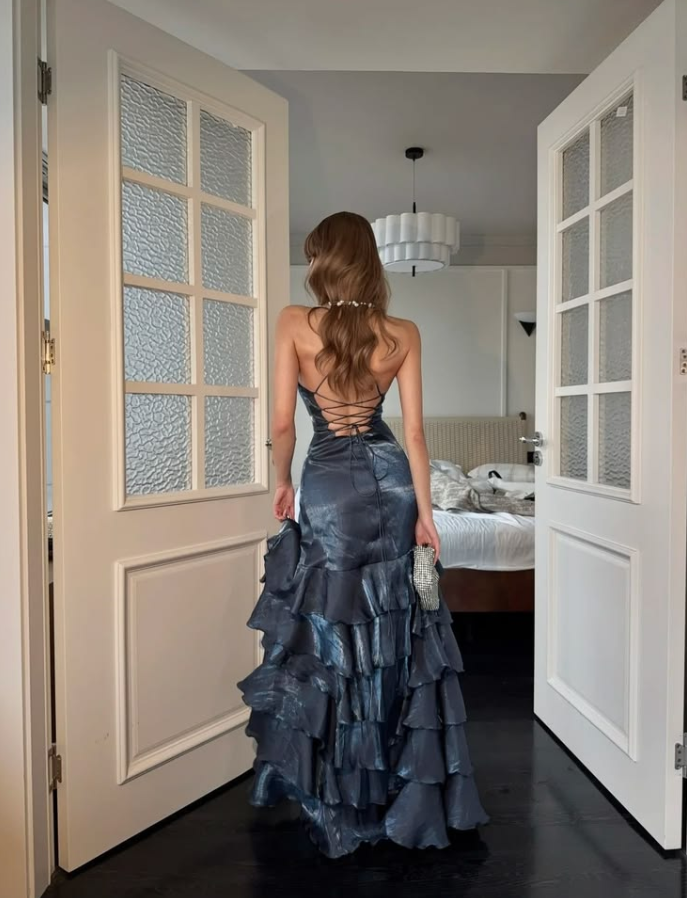 Sexy Ruffled High-silk Prom Gown Navy Women's Corset Maxi Evening Dress Ball Gown RS2838