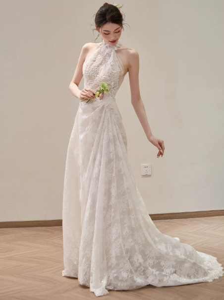 French Chic White A-Line Halter Lace Corset Maxi Wedding Dress RS761
