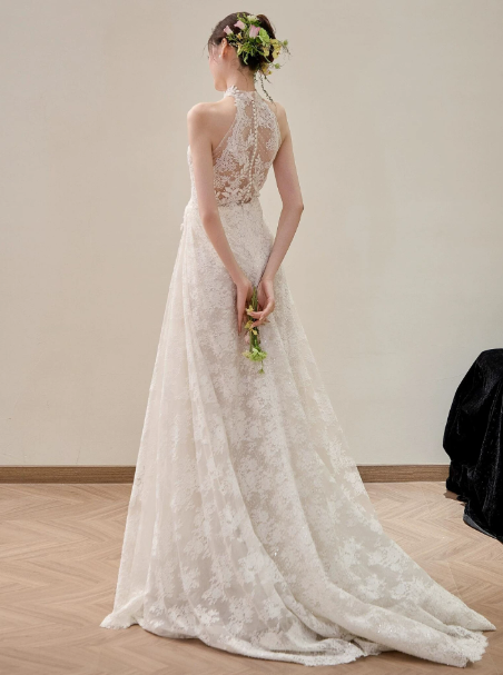 French Chic White A-Line Halter Lace Corset Maxi Wedding Dress RS761