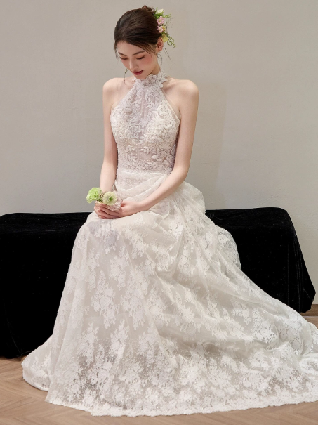 French Chic White A-Line Halter Lace Corset Maxi Wedding Dress RS761