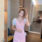 Mesh V-neck petite French first love sweet pink dress for women R4176