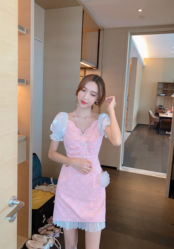 Mesh V-neck petite French first love sweet pink dress for women R4176