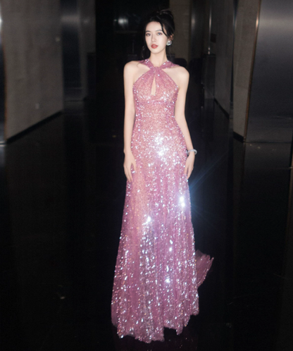 Glitter Purple Sequins Long Dress ,Mermaid Halter Bodycon Tulle Maxi Prom Dress RS772