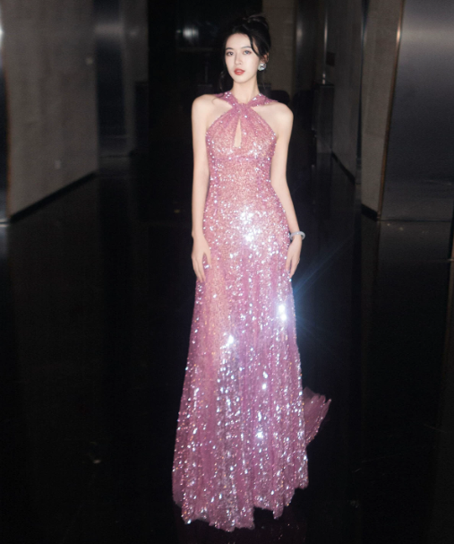 Glitter Purple Sequins Long Dress ,Mermaid Halter Bodycon Tulle Maxi Prom Dress RS772