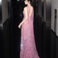 Glitter Purple Sequins Long Dress ,Mermaid Halter Bodycon Tulle Maxi Prom Dress RS772