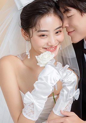 Off-white lace bow mid-length wedding dress banquet dinner gloves     S6243