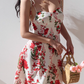 European and American style big red flower print suspender dress short skirt R2861