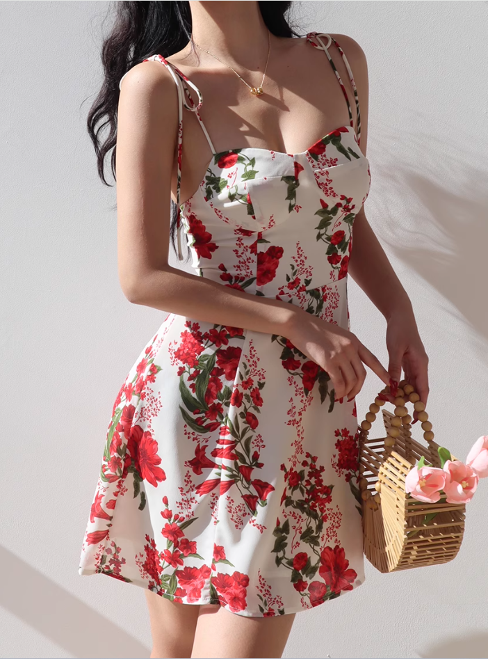 European and American style big red flower print suspender dress short skirt R2861