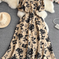 French lady temperament lady short sleeve square collar waist slim a-line print dress elegant long skirt R0406