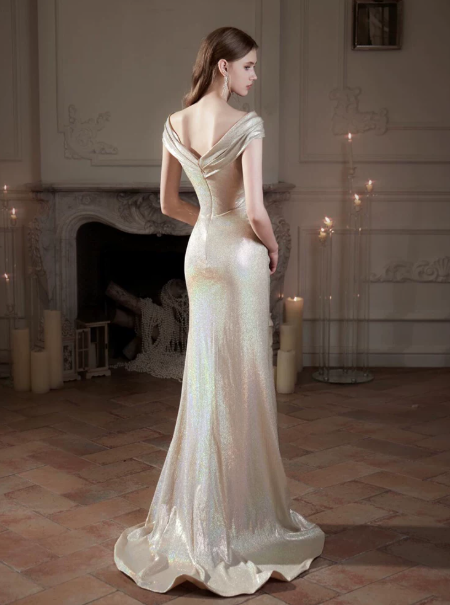 French Chic Light Ivory Prom Dress ,Mermaid Portrait Bodycon Maxi Evening Dress RS773