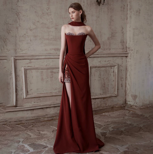 French Chic Burgundy Prom Dress ,Mermaid Strapless High-slit Bodycon Maxi Evening Dress RS774