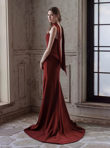 French Chic Burgundy Prom Dress ,Mermaid Strapless High-slit Bodycon Maxi Evening Dress RS774
