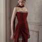 French Chic Burgundy Prom Dress ,Mermaid Strapless High-slit Bodycon Maxi Evening Dress RS774