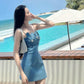 Blue denim neckline flower waist slim A-line mini skirt homecoming dress R3589