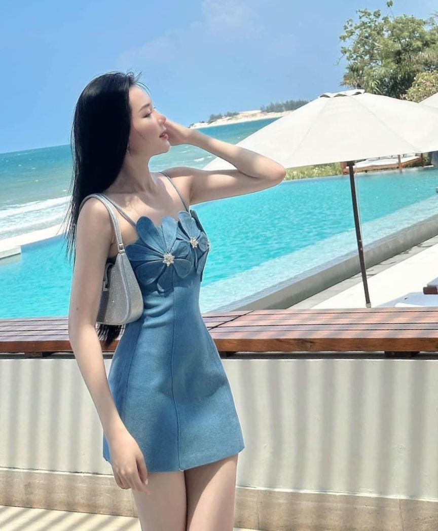 Blue denim neckline flower waist slim A-line mini skirt homecoming dress R3589