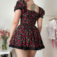 Floral puff sleeves square neck slim waist short skirt homecoming dress R2668
