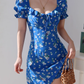 Klein blue floral slim fit versatile puff sleeve dress waist short skirt R2857