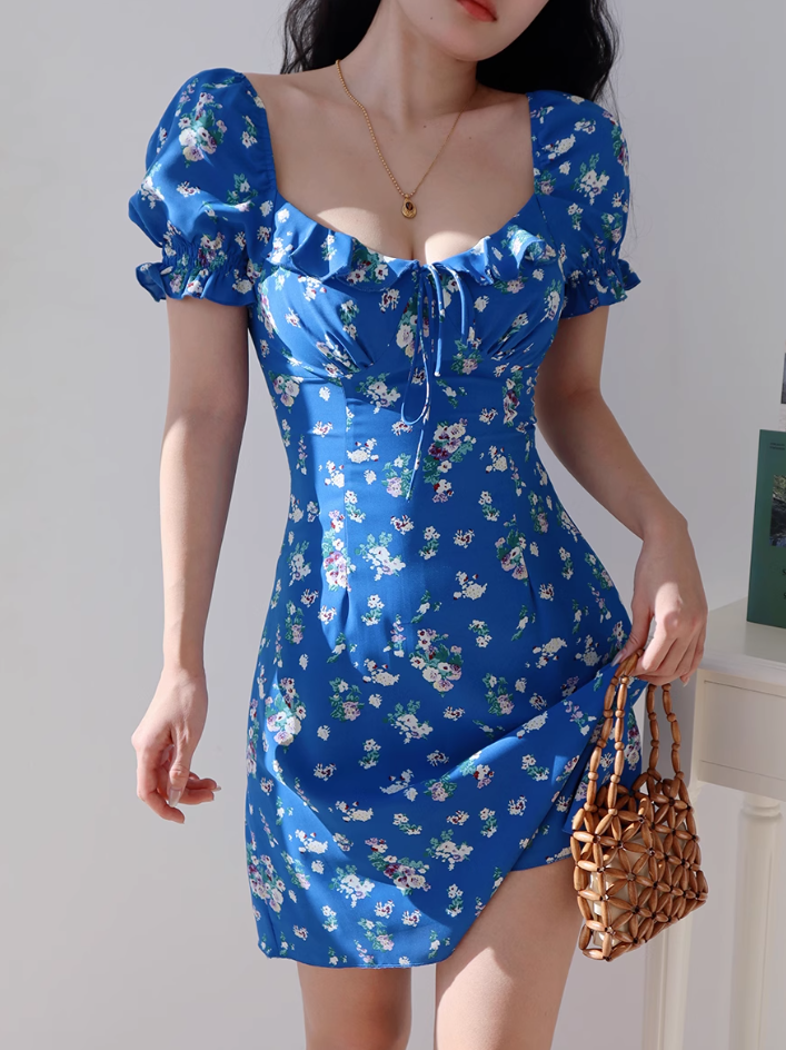 Klein blue floral slim fit versatile puff sleeve dress waist short skirt R2857