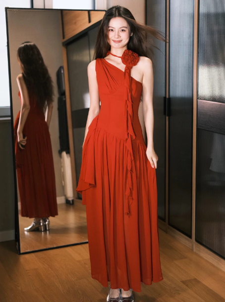 Casual Red Prom Dress ,A-Line One-shoulder Chiffon Maxi Summer Dress RS775