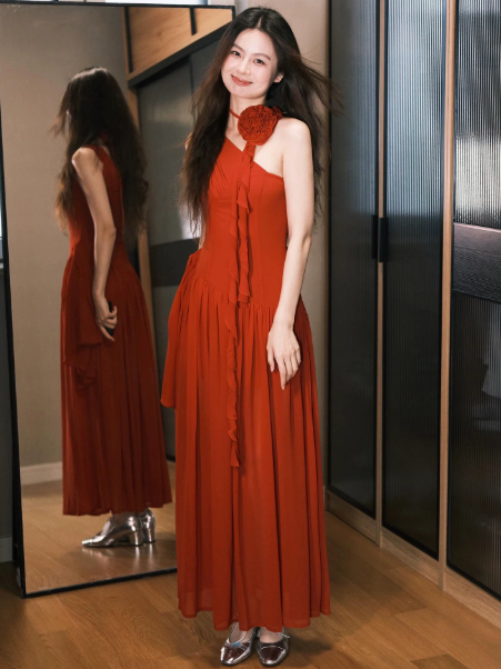 Casual Red Prom Dress ,A-Line One-shoulder Chiffon Maxi Summer Dress RS775