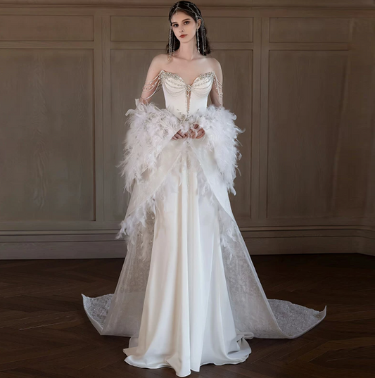 Gorgeous White Beading Mermaid Sweetheart Satin Corset Maxi Wedding Dress RS762