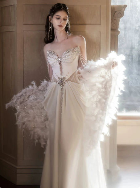 Gorgeous White Beading Mermaid Sweetheart Satin Corset Maxi Wedding Dress RS762