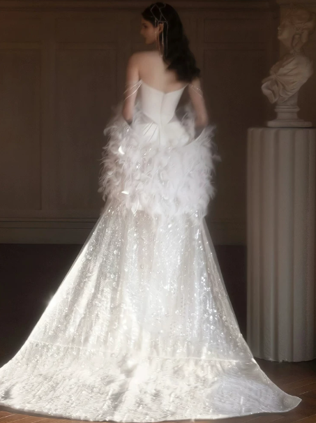 Gorgeous White Beading Mermaid Sweetheart Satin Corset Maxi Wedding Dress RS762