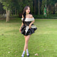 Black short skirt with suspenders, white neckline, one shoulder, slim waist and flower bud skirt, homecoming dress R4025
