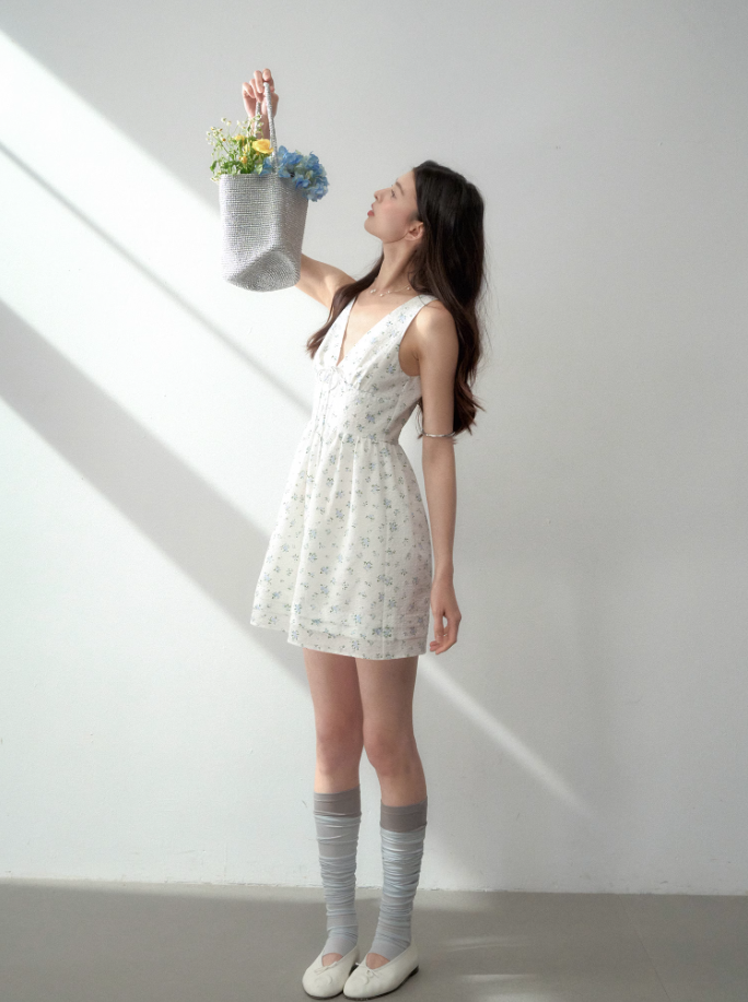 Tencel bow tie V-neck vest dress summer sweet playful midi dress R3332