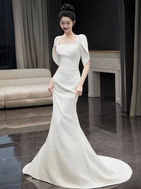 Minimalist White Mermaid Square Satin Bodycon Maxi Wedding Dress RS763