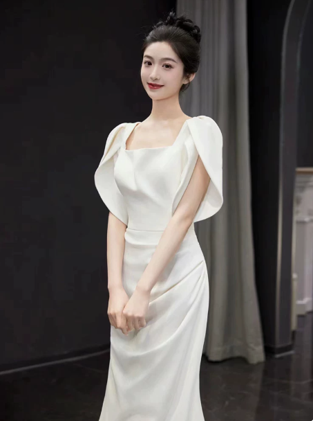 Minimalist White Mermaid Square Satin Bodycon Maxi Wedding Dress RS763