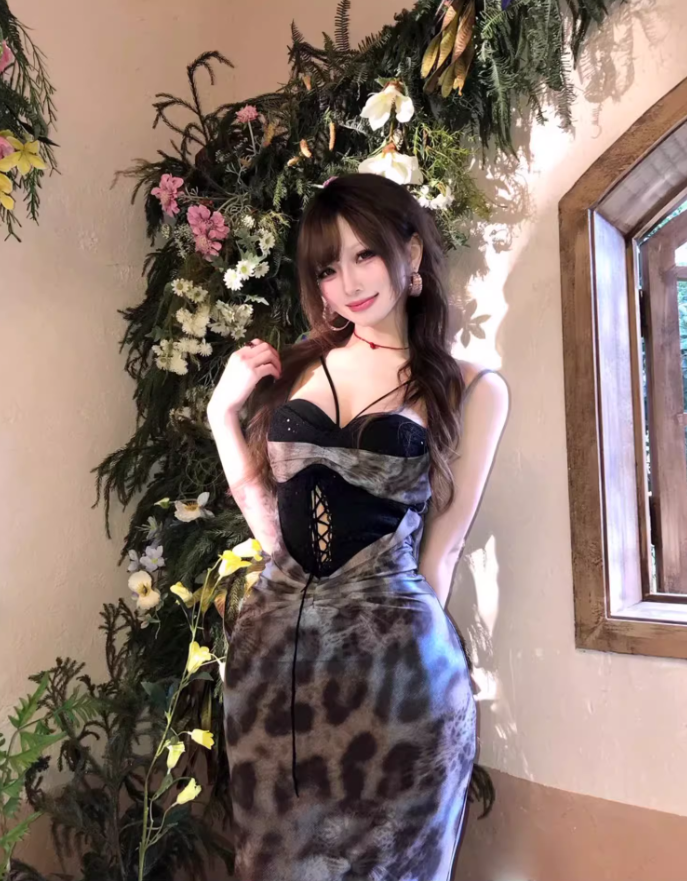 Sexy hot girl lace suspender dress 2025 leopard print waist hip fishtail skirt R1198