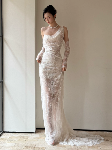 Elegant White Mermaid One-shoulder Lace Bodycon Maxi Wedding Dress RS764