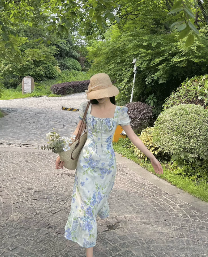 French fresh pastoral style temperament slim print fairy atmosphere floral ruffle dress R1430