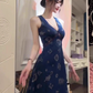 Retro blue v-neck floral halter dress beautiful waist a-line long skirt R0794