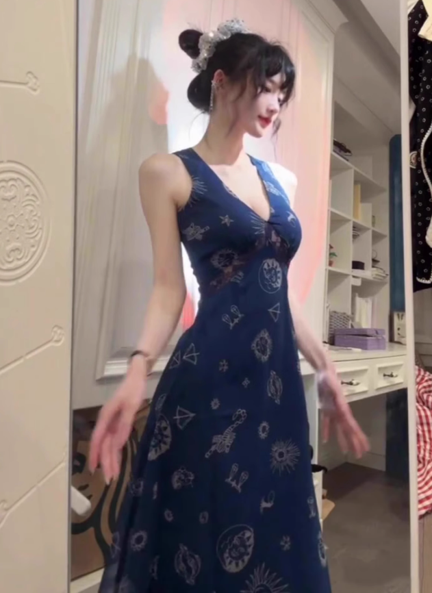 Retro blue v-neck floral halter dress beautiful waist a-line long skirt R0794