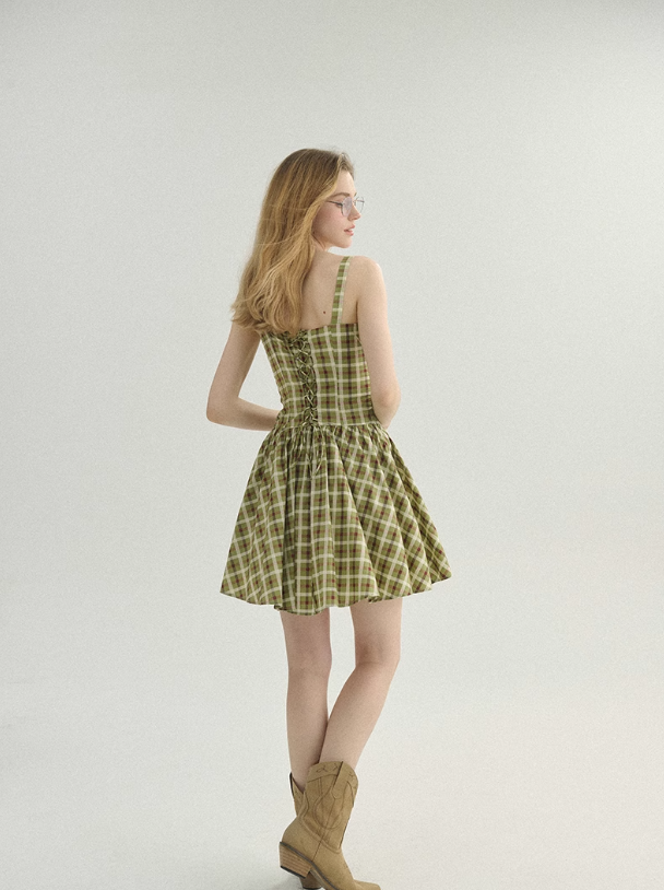 French suspender skirt seaside holiday short skirt fairy skirt plaid dress R2765