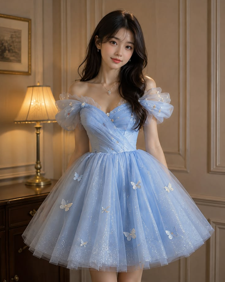 Dreamy Tulle Puffy Women's Homecoming Dress Blue Corset Short Prom Dress Birthday Dress RS2638